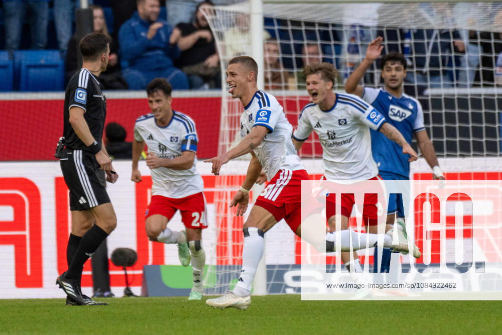 Goal celebration by goal scorer Miro Muheim, Hamburger SV Germany, Sinsheim, October 10, 2026, Soccer, Bundesliga: TSG 1899 Hoffenheim vs. Hamburger SV, 2026–2027 season, Matchday 5, SNP Arena. DFL and DFB regulations prohibit any use of photographs as image sequences and or quasi-video.