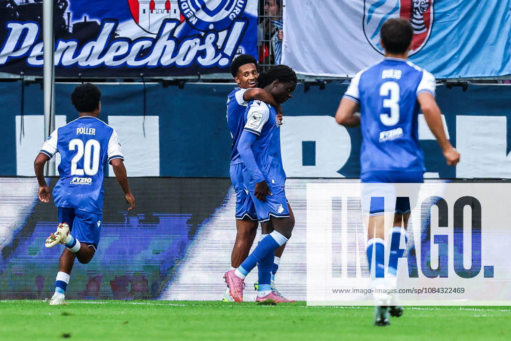 Sports, Soccer, 3rd Division, 2026–2027 Season, Matchday 8: MSV Duisburg vs. TSG 1899 Hoffenheim II, October 10, 2026, Schauinsland Reisen Arena: TSG 1899 Hoffenheim II celebrates after Miguel Makanda Blessing scores the 2–0 goal for Hoffenheim; the players are celebrating at the Schauinsland Reisen Arena in Duisburg, North Rhine-Westphalia, Germany
