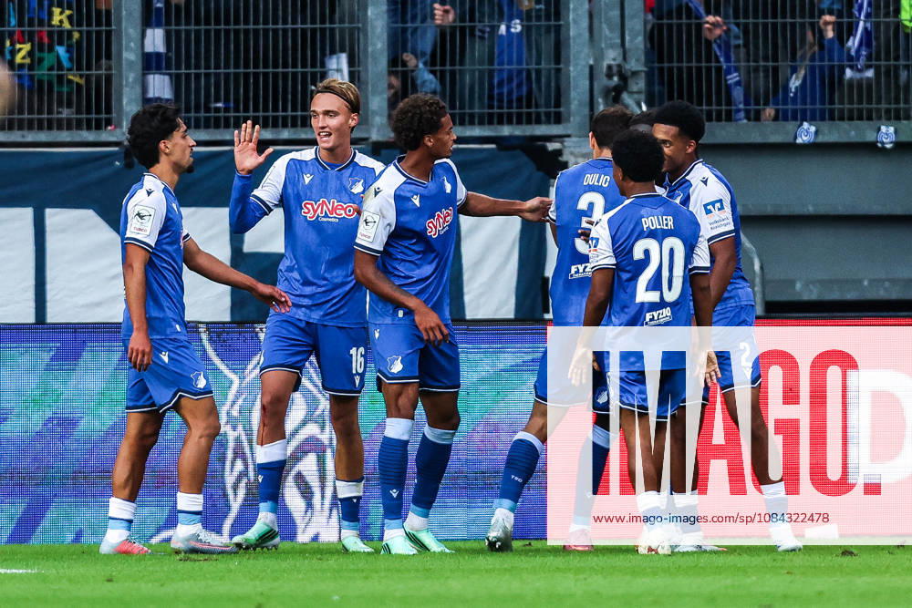 Sports, Soccer, 3rd Division, 2026–2027 Season, Matchday 8: MSV Duisburg vs. TSG 1899 Hoffenheim II, October 10, 2026, Schauinsland Reisen Arena: TSG 1899 Hoffenheim II celebrates after Miguel Makanda Blessing scores the 2–0 goal for Hoffenheim; the players are celebrating at the Schauinsland Reisen Arena in Duisburg, North Rhine-Westphalia, Germany
