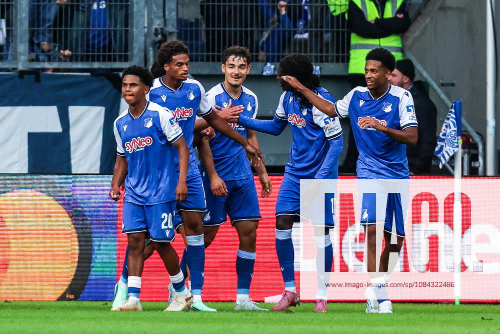Sports, Soccer, 3rd Division, 2026–2027 Season, Matchday 8: MSV Duisburg vs. TSG 1899 Hoffenheim II, October 10, 2026, Schauinsland Reisen Arena: TSG 1899 Hoffenheim II celebrates after Miguel Makanda Blessing scores the 2–0 goal for Hoffenheim; the players are celebrating at the Schauinsland Reisen Arena in Duisburg, North Rhine-Westphalia, Germany