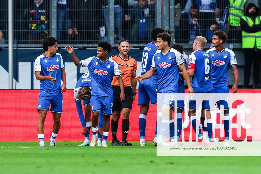 Sports, Soccer, 3rd Division, 2026–2027 Season, Matchday 8: MSV Duisburg vs. TSG 1899 Hoffenheim II, October 10, 2026, Schauinsland Reisen Arena: TSG 1899 Hoffenheim II celebrates after Miguel Makanda Blessing scores the 2–0 goal for Hoffenheim; the players are celebrating at the Schauinsland Reisen Arena in Duisburg, North Rhine-Westphalia, Germany