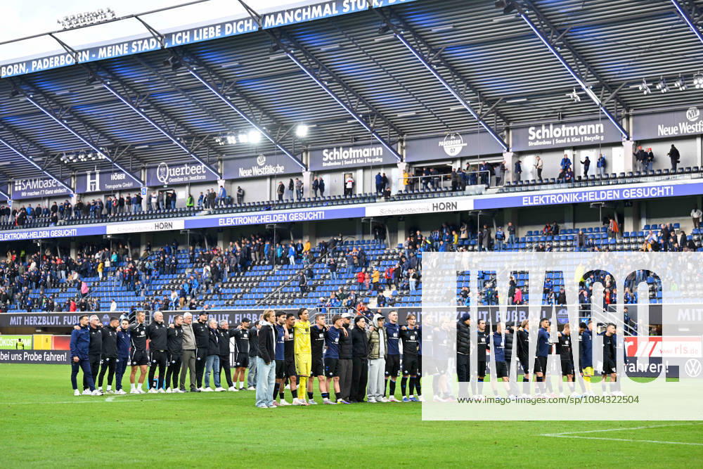 Paderborn, Home Deluxe Arena, October 10, 2026, GER, Men s, Bundesliga 1, 2026–2027 Season, SC Paderborn 07 vs. VfB Stuttgart: Photo of Paderborn players looking dissatisfied, disappointed, dejected, frustrated, and sad in front of the fan section, fans, and fan block. DFL regulations prohibit any use of photographs as image sequences and or quasi-video. North Rhine-Westphalia, Germany