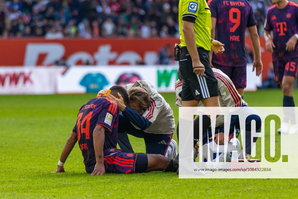 FC Augsburg vs. FC Bayern Munich Germany, Augsburg, October 10, 2026, soccer, Bundesliga, 2026–2027 season, FC Augsburg vs. FC Bayern Munich, Ismael Saibari (FC Bayern Munich), injury, injured, sitting on the ground
