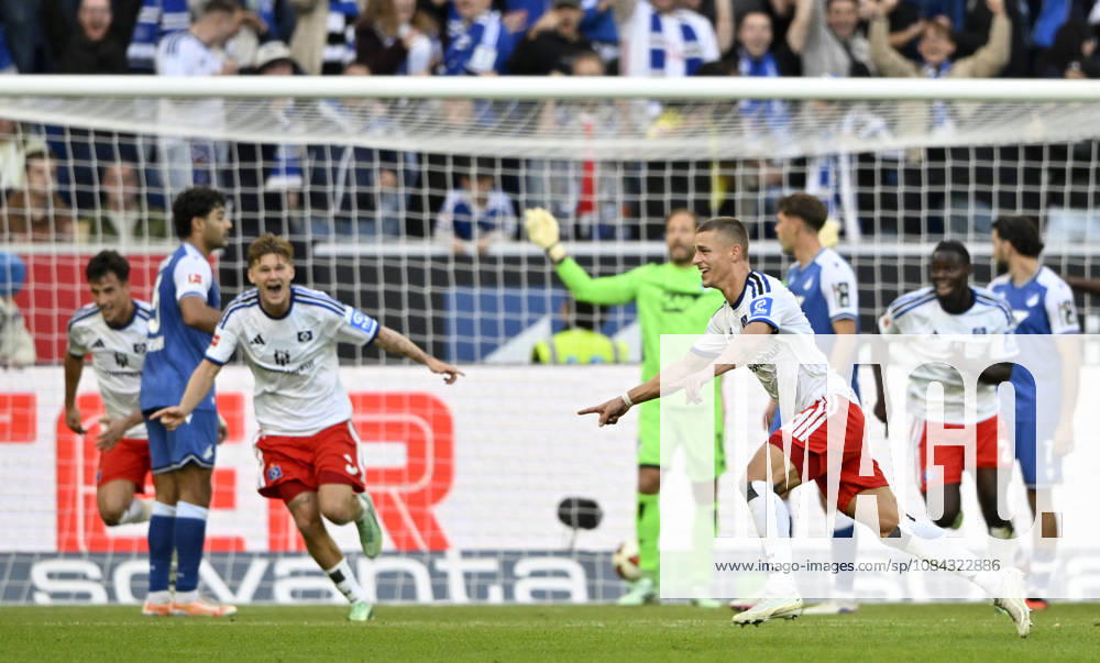 GOAL: 2-3 Miro Muheim, Hamburger SV (HSV) 28 Goal Celebration, TSG 1899 Hoffenheim vs. Hamburger SV (HSV), October 10, 2026. DFL regulations prohibit any use of photographs as image sequences and or quasi- VIDEO TSG 1899 Hoffenheim vs. Hamburger SV (HSV)