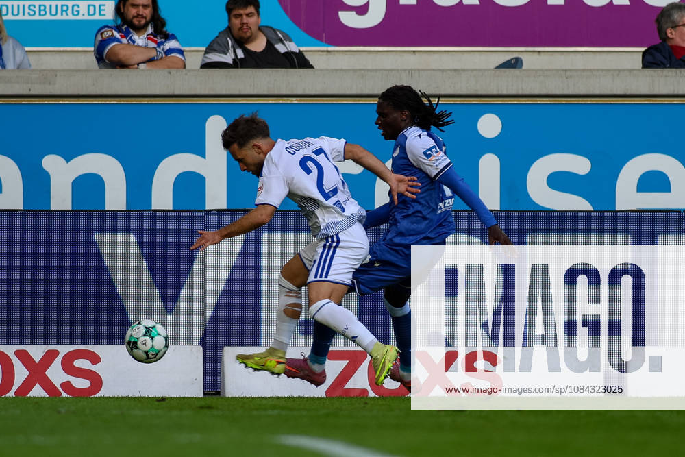 Germany, Soccer, Men s, 3rd Division, 2026–2027 Season, MSV Duisburg vs. TSG Hoffenheim II: Can Coskun (MSV) and Blessing Maleko Makanda (TSG II) battle for the ball