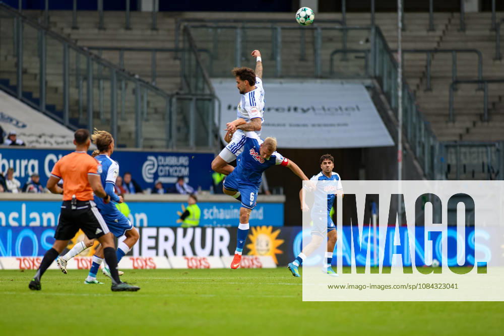 Germany, Soccer, Men s, 3rd Division, 2026–2027 Season, MSV Duisburg vs. TSG Hoffenheim II: Lex Tyger Lobinger (MSV) and Valentin Lässig (TSG II) battle for the ball