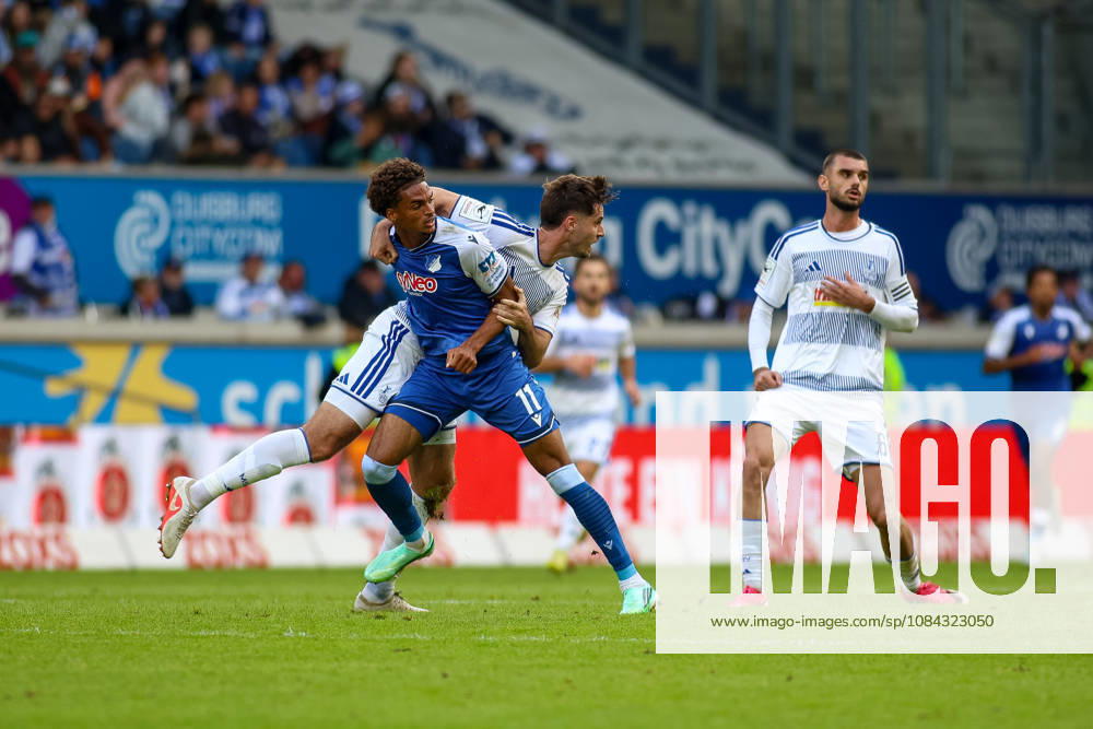 Germany, Soccer, Men s, 3rd Division, 2026–2027 Season, MSV Duisburg vs. TSG Hoffenheim II: Tobias Fleckstein (MSV) and Jykese Fields (TSG II) battle for the ball