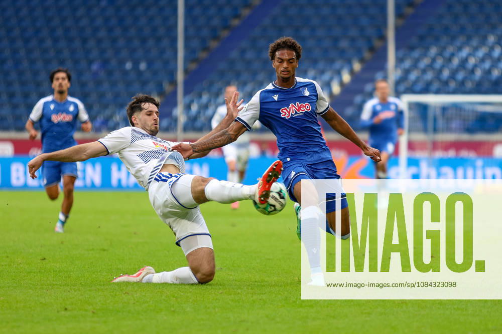 Germany, Soccer, Men s, 3rd Division, 2026–2027 Season, MSV Duisburg vs. TSG Hoffenheim II: Tobias Fleckstein (MSV) and Jykese Fields (TSG II) battle for the ball
