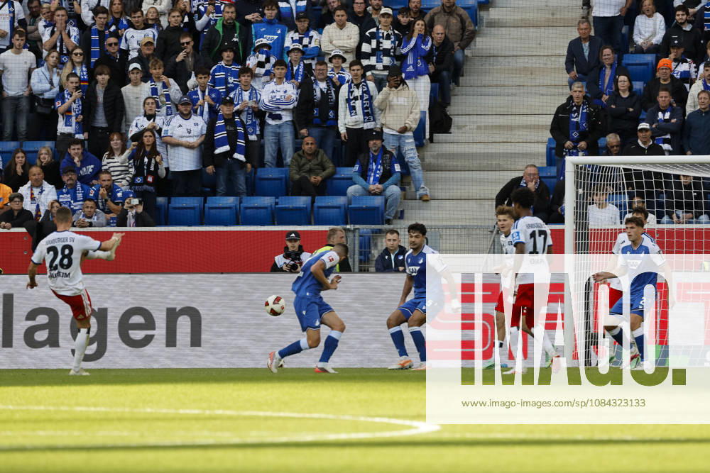 2 3 Goal for Hamburger SV by Miro Muheim, Hamburger SV, 28, shot on goal, attempt, goal scored, goal, hit, Germany, soccer, Bundesliga 1, Matchday 5, 2026–2027, TSG Hoffenheim vs. Hamburger SV, October 10, 2026, Sinsheim SNP Arena, Germany