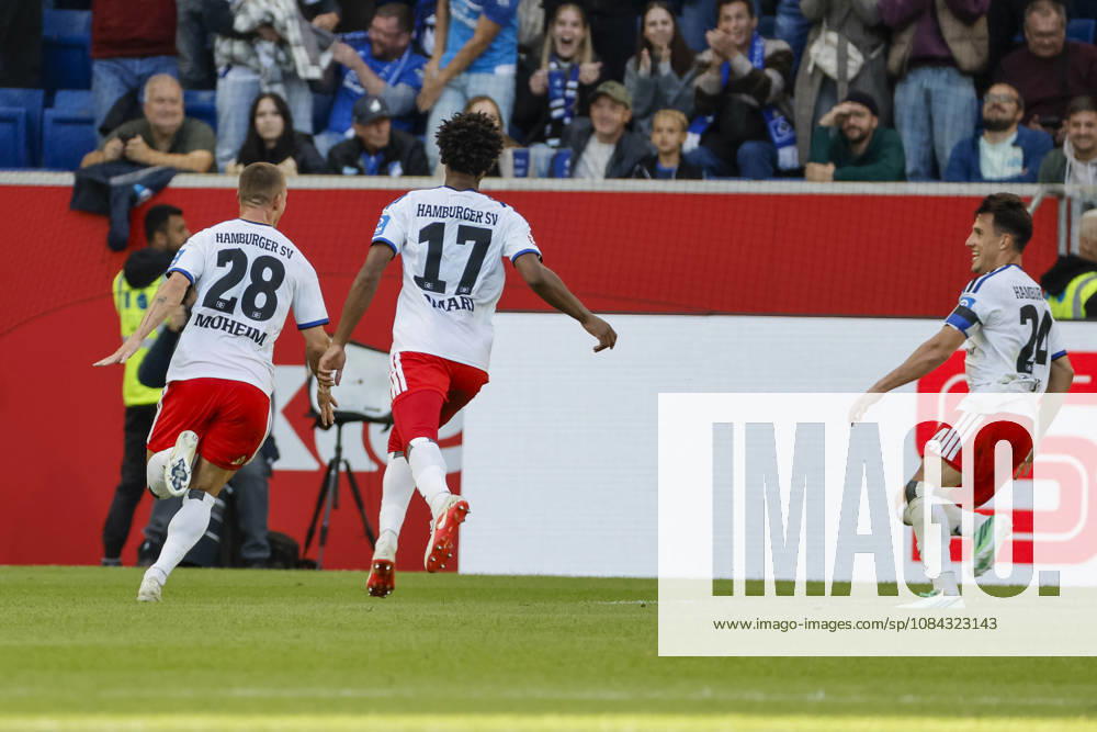 Hamburger SV celebrates a goal in a 2–3 match by Miro Muheim, Hamburger SV, 28, joy, excitement, positive emotions, goal, Germany, soccer, Bundesliga 1, Matchday 5, 2026–2027, TSG Hoffenheim vs. Hamburger SV, October 10, 2026, Sinsheim SNP Arena, Germany