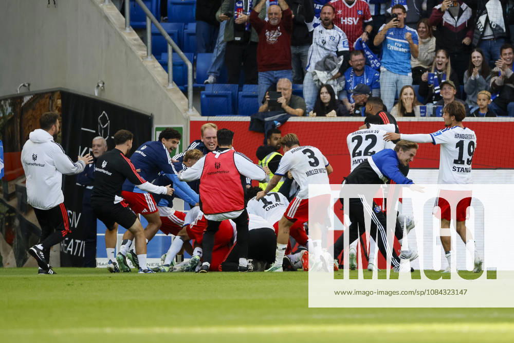 Hamburger SV celebrates a goal in a 2–3 match by Miro Muheim, Hamburger SV, 28, joy, excitement, positive emotions, goal, Germany, soccer, Bundesliga 1, Matchday 5, 2026–2027, TSG Hoffenheim vs. Hamburger SV, October 10, 2026, Sinsheim SNP Arena, Germany