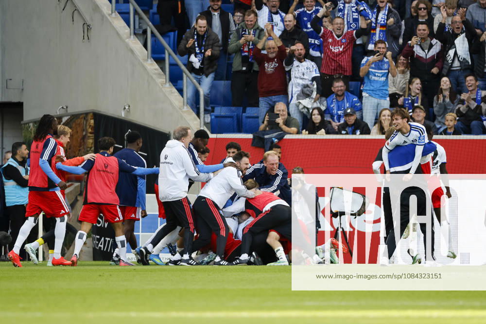 Hamburger SV celebrates a goal in a 2–3 match by Miro Muheim, Hamburger SV, 28, joy, excitement, positive emotions, goal, Germany, soccer, Bundesliga 1, Matchday 5, 2026–2027, TSG Hoffenheim vs. Hamburger SV, October 10, 2026, Sinsheim SNP Arena, Germany