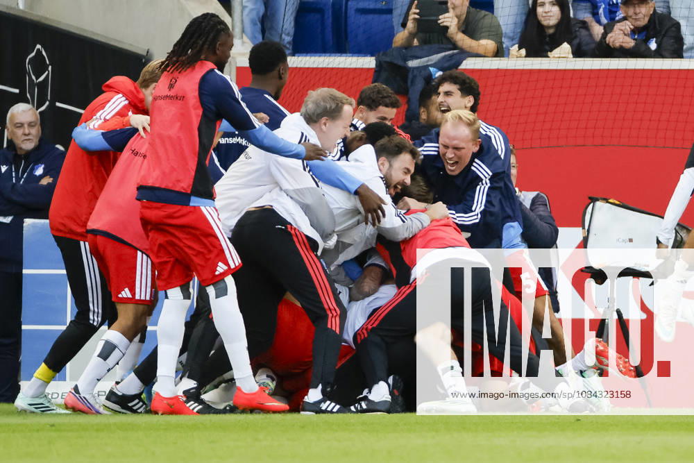 Hamburger SV celebrates a goal in a 2–3 match by Miro Muheim, Hamburger SV, 28, joy, excitement, positive emotions, goal, Germany, soccer, Bundesliga 1, Matchday 5, 2026–2027, TSG Hoffenheim vs. Hamburger SV, October 10, 2026, Sinsheim SNP Arena, Germany