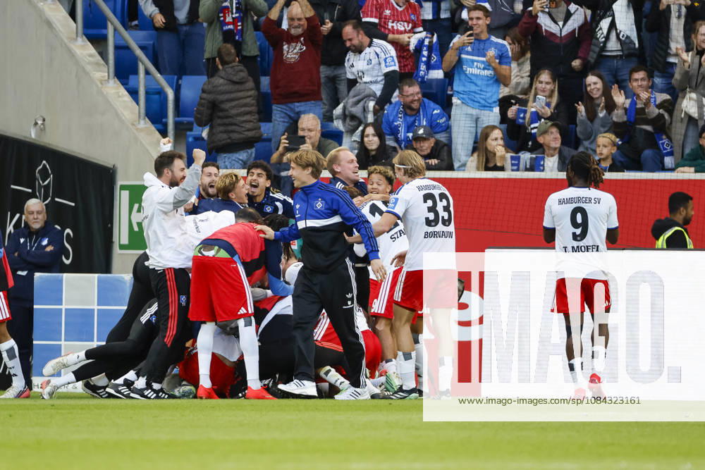 Hamburger SV celebrates a goal in a 2–3 match by Miro Muheim, Hamburger SV, 28, joy, excitement, positive emotions, goal, Germany, soccer, Bundesliga 1, Matchday 5, 2026–2027, TSG Hoffenheim vs. Hamburger SV, October 10, 2026, Sinsheim SNP Arena, Germany