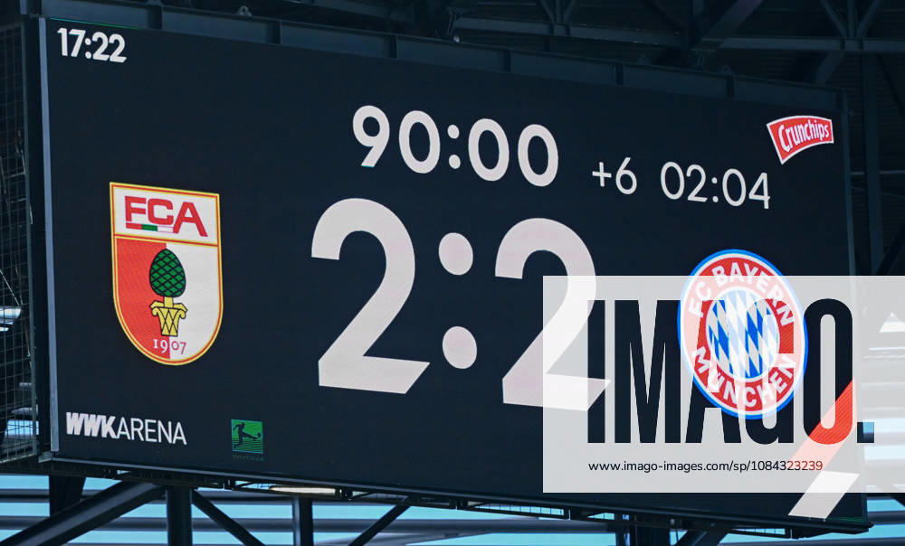 Soccer, Bundesliga 1, FC Augsburg vs. Bayern Munich – Scoreboard at the end of the game: 2–2. DFL and DFB regulations prohibit any use of photographs as image sequences and or quasi-video. Augsburg