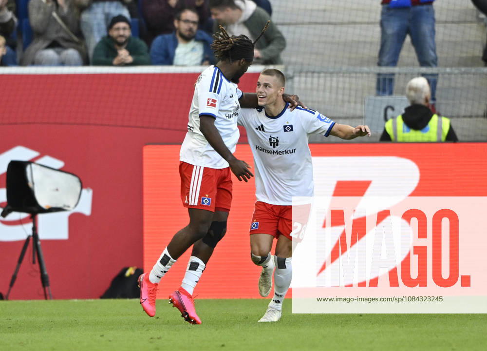 GOAL: 2-2 Terem Moffi, Hamburger SV (HSV) 09 Goal Celebration, Miro Muheim, Hamburger SV (HSV) 28, TSG 1899 Hoffenheim vs. Hamburger SV (HSV) 10 10 2026 DFL REGULATIONS PROHIBIT ANY USE OF PHOTOGRAPHS AS IMAGE SEQUENCES AND OR QUASI-VIDEO TSG 1899 Hoffenheim vs. Hamburger SV (HSV)