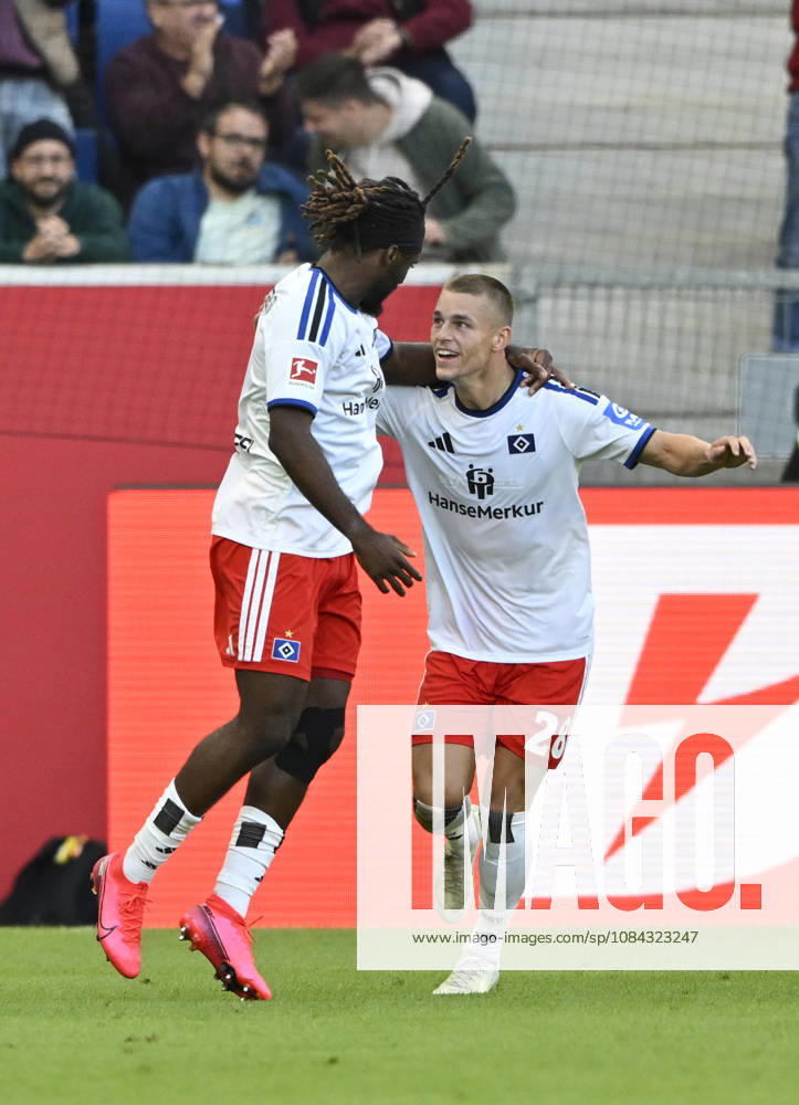 GOAL: 2-2 Terem Moffi, Hamburger SV (HSV) 09 Goal Celebration, Miro Muheim, Hamburger SV (HSV) 28, TSG 1899 Hoffenheim vs. Hamburger SV (HSV) 10 10 2026 DFL REGULATIONS PROHIBIT ANY USE OF PHOTOGRAPHS AS IMAGE SEQUENCES AND OR QUASI-VIDEO TSG 1899 Hoffenheim vs. Hamburger SV (HSV)