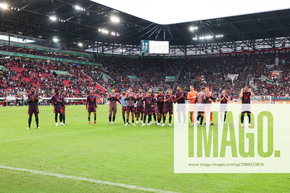 FC Bayern Munich players with fans after the game, GER, FC Augsburg vs. FC Bayern Munich, soccer, Bundesliga, Matchday 5, 2026–2027 season, October 10, 2026, DFL and DFB regulations prohibit any use of photographs as image sequences and or quasi-video, GER, FC Augsburg vs. FC Bayern Munich, soccer, Bundesliga, Matchday 5, 2026–2027 season, October 10, 2026, Augsburg
