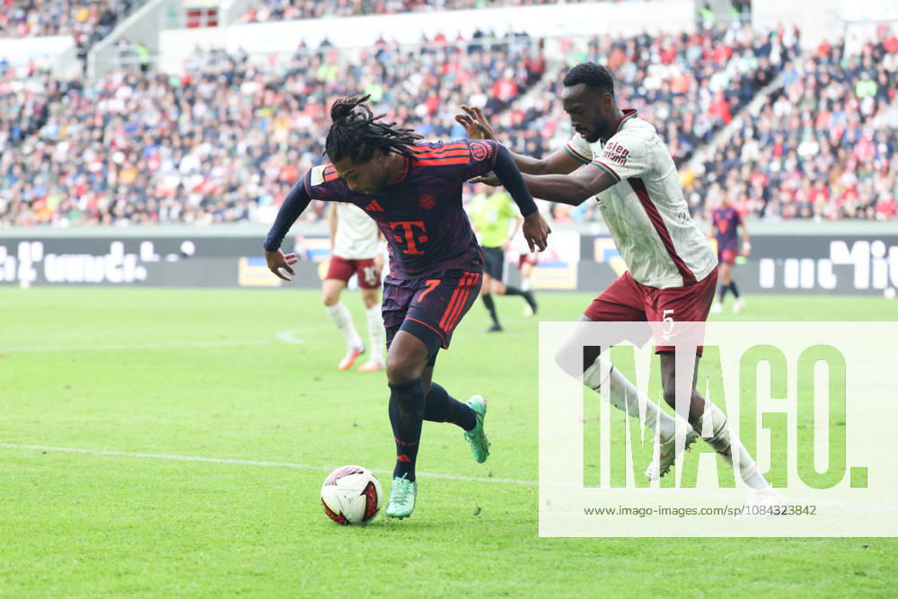 Serge Gnabry, FC Bayern Munich, 07, with Chrislain Matsima, FC Augsburg, 05, GER, FC Augsburg vs. FC Bayern Munich, Soccer, Bundesliga, Matchday 5, 2026–2027 Season, October 10, 2026, DFL and DFB regulations prohibit any use of photographs as image sequences and or quasi-video, GER, FC Augsburg vs. FC Bayern Munich, soccer, Bundesliga, Matchday 5, 2026–2027 season, October 10, 2026, Augsburg
