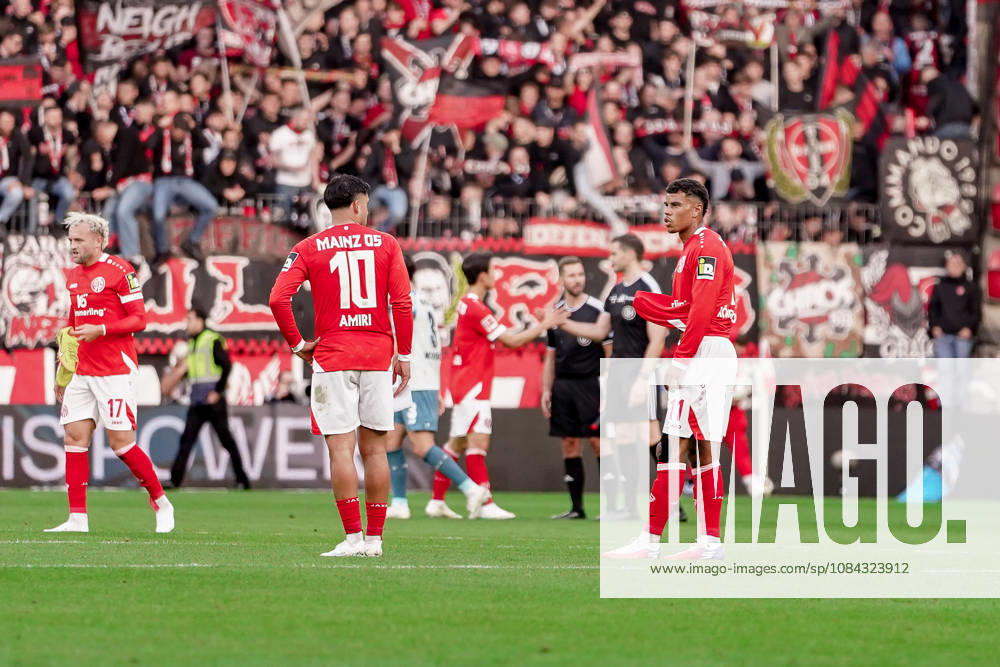 Germany Soccer Season 2026–2027, Bundesliga 1, Matchday 5, 1 FSV Mainz 05 vs. Bayer 04 Leverkusen, MEWA Arena, Mainz, Nadiem Amiri, 1 FSV Mainz 05, 10, and Ransford Yeboah Königsdörffer (Ransford Yeboah Koenigsdoerffer), 1 FSV Mainz 05, 11, after the game at the MEWA Arena in Mainz, Germany