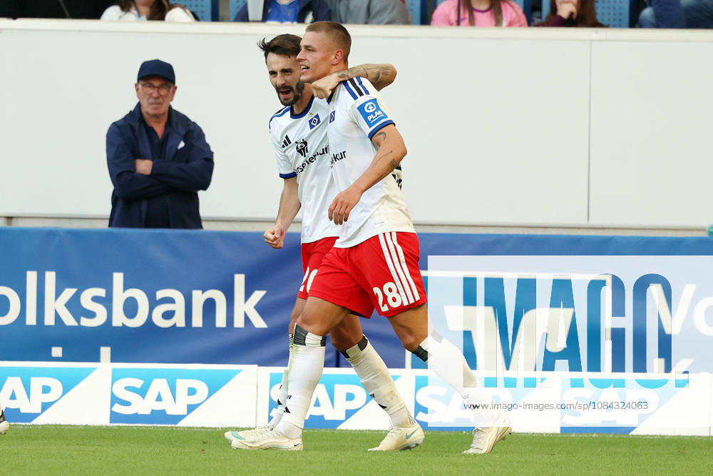 Soccer, Bundesliga 1, TSG 1899 Hoffenheim vs. Hamburger SV: Goal celebration after Miro Muheim’s goal for Hamburger SV, featuring Fabio Vieira. Hamburger SV. DFL. DFB. REGULATIONS PROHIBIT ANY USE OF PHOTOGRAPHS AS IMAGE SEQUENCES AND OR QUASI-VIDEO Sinsheim