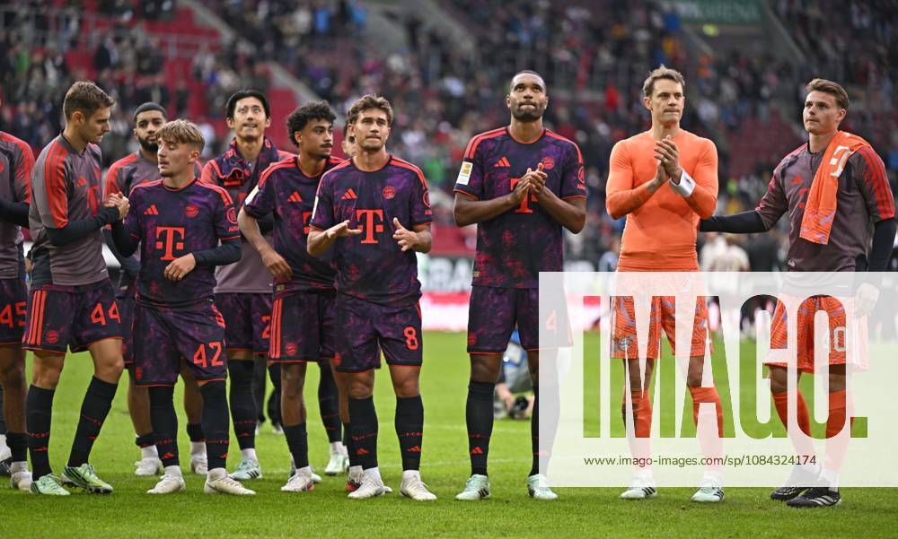 2026–2027 Bundesliga Season, Matchday 5, FC Augsburg vs. FC Bayern Munich, at the WWK Arena in Augsburg; from left: Josip Stanisic (Bayern Munich), Ismael Saibari (Bayern Munich), Lennart Karl (Bayern Munich), Hiroki Ito (Bayern Munich), Nathaniel Brown (Bayern Munich), Tom Bischof (Bayern Munich), Jonathan Tah (FC Bayern Munich), goalkeeper Manuel Neuer (FC Bayern Munich), and goalkeeper Jonas Urbig (FC Bayern Munich) look pensive and disappointed after the game.