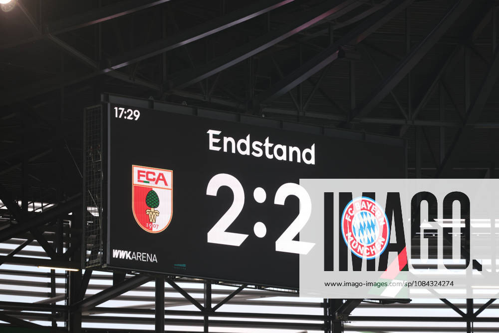 The final score of 2–2 on the scoreboard after the game, GER, FC Augsburg vs. FC Bayern Munich, soccer, Bundesliga, Matchday 5, 2026–2027 season, October 10, 2026, DFL and DFB regulations prohibit any use of photographs as image sequences and or quasi-video, GER, FC Augsburg vs. FC Bayern Munich, soccer, Bundesliga, Matchday 5, 2026–2027 season, October 10, 2026, Augsburg