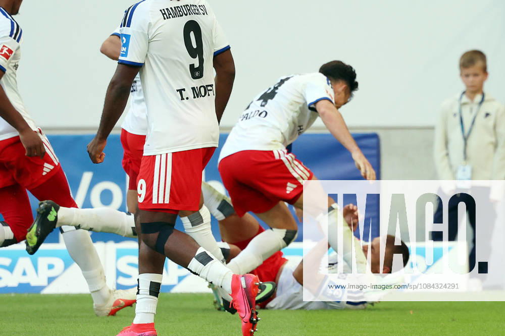 Soccer, Bundesliga 1, TSG 1899 Hoffenheim vs. Hamburger SV: Goal celebration after Miro Muheim’s goal for Hamburger SV. DFL and DFB regulations prohibit any use of photographs as image sequences and or quasi-videos. Sinsheim