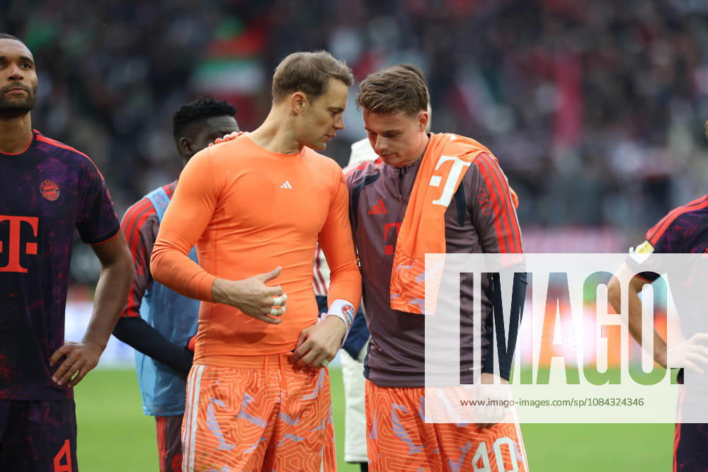 Manuel Neuer, FC Bayern Munich, 01, with Jonas Urbig, FC Bayern Munich, 40, after the game, GER, FC Augsburg vs. FC Bayern Munich, soccer, Bundesliga, Matchday 5, 2026–2027 season, October 10, 2026, DFL and DFB regulations prohibit any use of photographs as image sequences and or quasi-video, GER, FC Augsburg vs. FC Bayern Munich, soccer, Bundesliga, Matchday 5, 2026–2027 season, October 10, 2026, Augsburg
