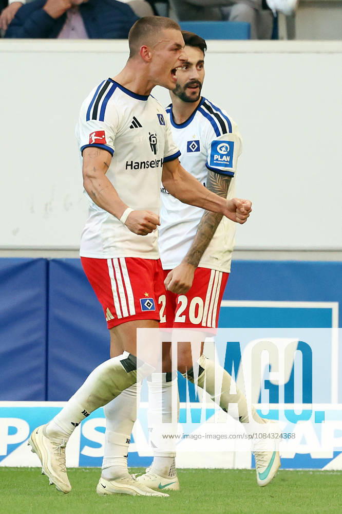 Soccer, Bundesliga 1, TSG 1899 Hoffenheim vs. Hamburger SV: Goal celebration after Miro Muheim’s goal for Hamburger SV, featuring Fabio Vieira. Hamburger SV, DFL, DFB. REGULATIONS PROHIBIT ANY USE OF PHOTOGRAPHS AS IMAGE SEQUENCES AND OR QUASI-VIDEOSEO Sinsheim