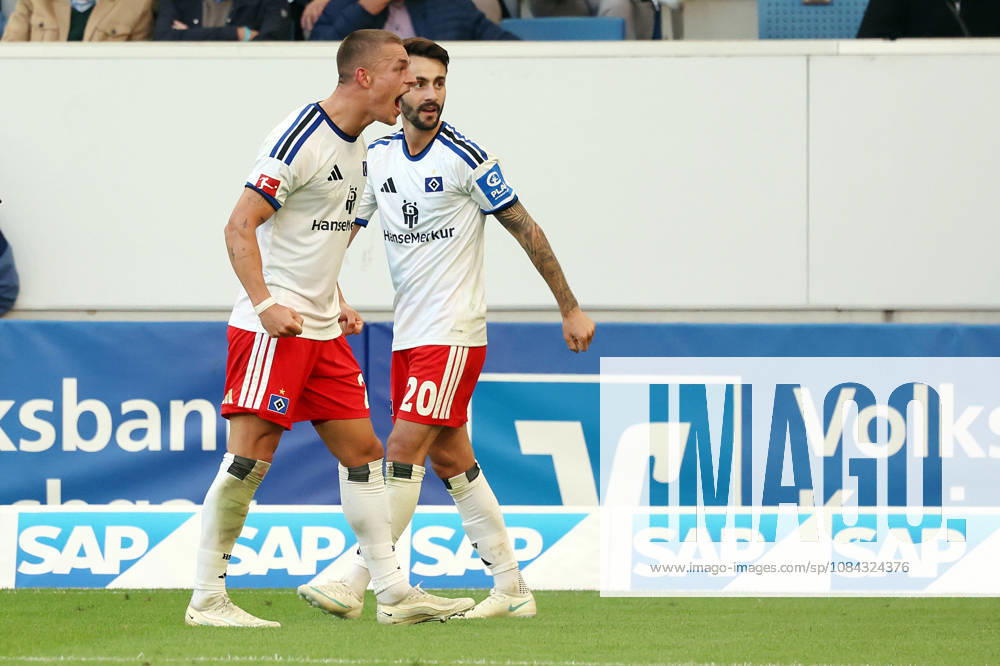 Soccer, Bundesliga 1, TSG 1899 Hoffenheim vs. Hamburger SV: Goal celebration after Miro Muheim’s goal for Hamburger SV, featuring Fabio Vieira. Hamburger SV, DFL, DFB. REGULATIONS PROHIBIT ANY USE OF PHOTOGRAPHS AS IMAGE SEQUENCES AND OR QUASI-VIDEOSEO Sinsheim