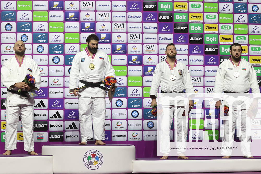 AZERBAIJAN, BAKU - OCTOBER 10, 2026: Azerbaijan s Ushangi Kokauri, Russia s Inal Tasoev, Czechia s Lukas Krpalek and Azerbaijan s Kanan Nasibov (L-R) celebrate their silver, gold and two bronze medals respectively during a victory ceremony for the men s heavyweight event as the 2026 World Judo Championships takes place at the National Gymnastics Arena. Mikhail Sinitsyn TASS 99050473