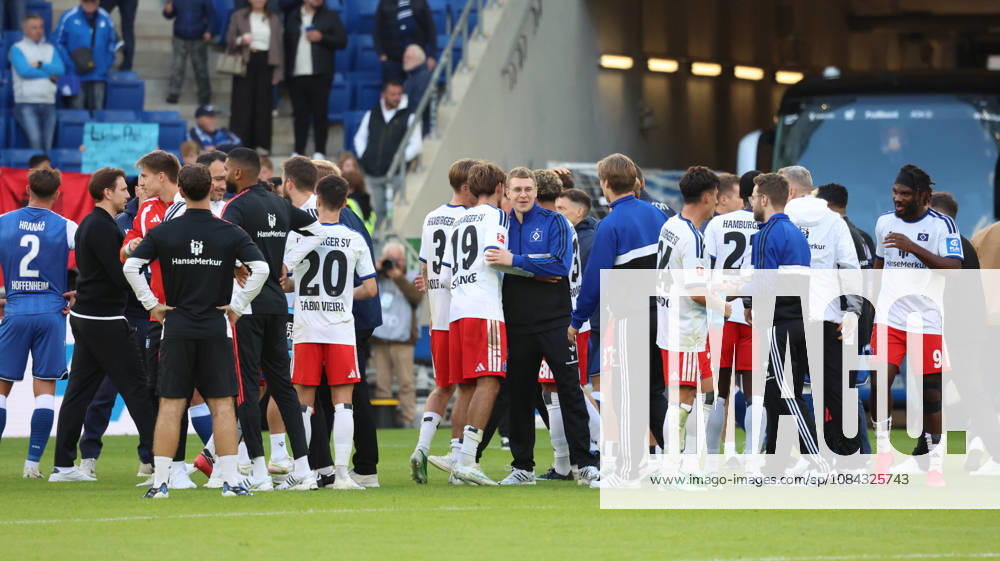 Soccer, Bundesliga 1, TSG 1899 Hoffenheim vs. Hamburger SV: HSV team and players celebrating after the match ends. DFL and DFB regulations prohibit any use of photographs as image sequences and or quasi-video. Sinsheim