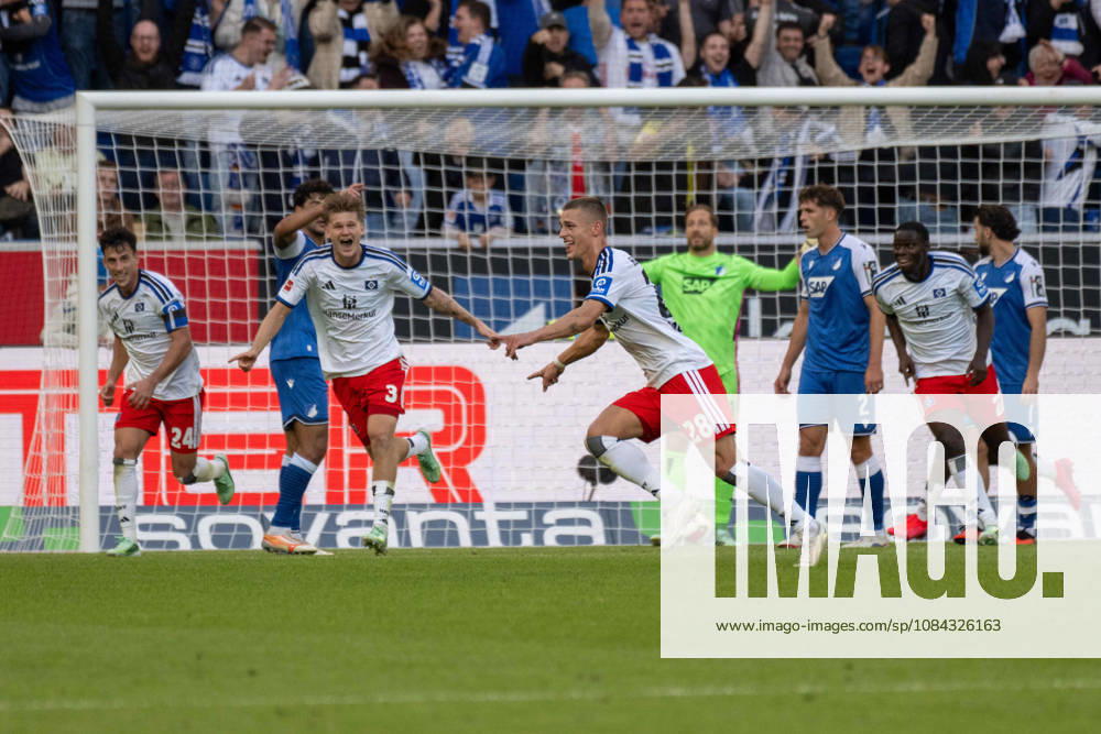 Goal celebration by goal scorer Miro Muheim, Hamburger SV Germany, Sinsheim, October 10, 2026, Soccer, Bundesliga: TSG 1899 Hoffenheim vs. Hamburger SV, 2026–2027 season, Matchday 5, SNP Arena. DFL and DFB regulations prohibit any use of photographs as image sequences and or quasi-video.