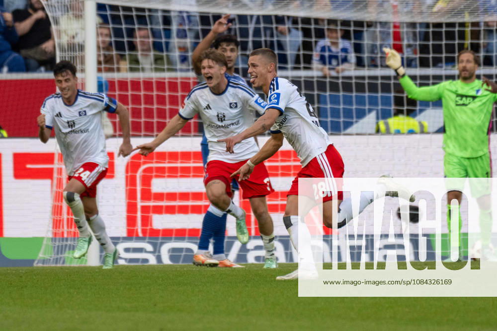 Goal celebration by goal scorer Miro Muheim, Hamburger SV Germany, Sinsheim, October 10, 2026, Soccer, Bundesliga: TSG 1899 Hoffenheim vs. Hamburger SV, 2026–2027 season, Matchday 5, SNP Arena. DFL and DFB regulations prohibit any use of photographs as image sequences and or quasi-video.