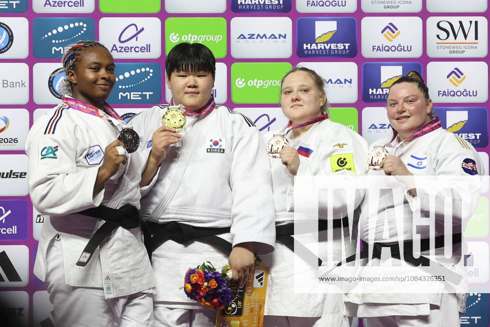 AZERBAIJAN, BAKU - OCTOBER 10, 2026: France s Romane Dicko, South Korea s Lee Hyeon-ji, Russia s Maria Ivanova and Israel s Raz Hershko (L-R) celebrate their silver, gold and two bronze medals respectively during a victory ceremony for the women s heavyweight event as the 2026 World Judo Championships takes place at the National Gymnastics Arena 2026 World Judo Championships In Baku - ZUMAt113 20261010_zaa_t113_462