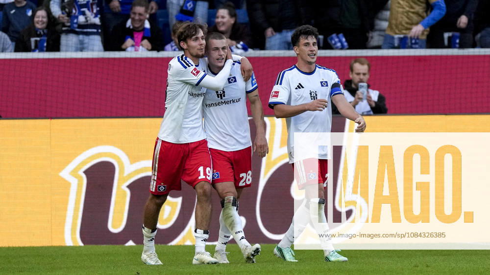 From left: Otto Stange (HSV), 19; goal scorer Miro Muheim (HSV), 28; Nicolas Capaldo (HSV), 24; players from Hamburger SV (HSV) celebrate the goal that made the score 2–3, Celebration, goal celebration, scoring a goal, celebrate the goal, goal, celebration, celebrating the goal, joy, happiness, happy, optimistic, positive, game scene, highlight, action, 10 10 2026, Sinsheim, Germany, soccer, Bundesliga, TSG 1899 Hoffenheim vs. Hamburger SV, DFB and DFL regulations prohibit any use of photographs as image sequences and or quasi-video