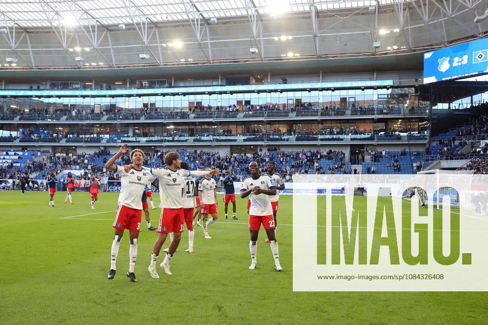 Soccer, Bundesliga 1, TSG 1899 Hoffenheim vs. Hamburger SV: HSV team and players celebrating after the match ends DFL DFB REGULATIONS PROHIBIT ANY USE OF PHOTOGRAPHS AS IMAGE SEQUENCES AND OR QUASI-VIDEO Sinsheim