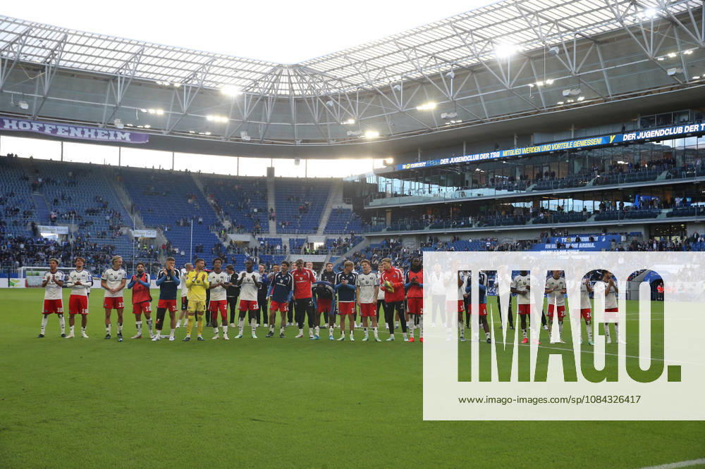 Soccer, Bundesliga 1, TSG 1899 Hoffenheim vs. Hamburger SV: HSV team and players celebrating after the match ends DFL DFB REGULATIONS PROHIBIT ANY USE OF PHOTOGRAPHS AS IMAGE SEQUENCES AND OR QUASI-VIDEO Sinsheim