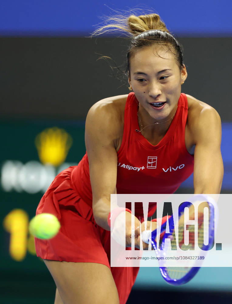 (261010) -- BEIJING, Oct. 10, 2026 -- Zheng Qinwen hits a return during the women s singles semifinal between Zheng Qinwen of China and Elise Mertens of Belgium at 2026 China Open tennis tournament in Beijing, China, Oct. 10, 2026. ) (SP)CHINA-BEIJING-TENNIS-CHINA OPEN-WOMEN S SINGLES-SEMIFINAL (CN) ZhangxChenlin