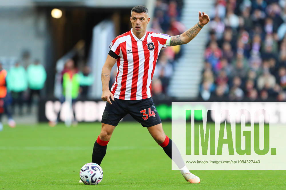 SUNDERLAND, ENGLAND, OCTOBER 10: Granit Xhaka of Sunderland AFC gestures on the ball during a Premier League 2026-27 match between Sunderland AFC and Brighton & Hove Albion at the Stadium of Light on October 10, 2026 in Sunderland, England. (Photo by Zach Forster Sports Press Photo)