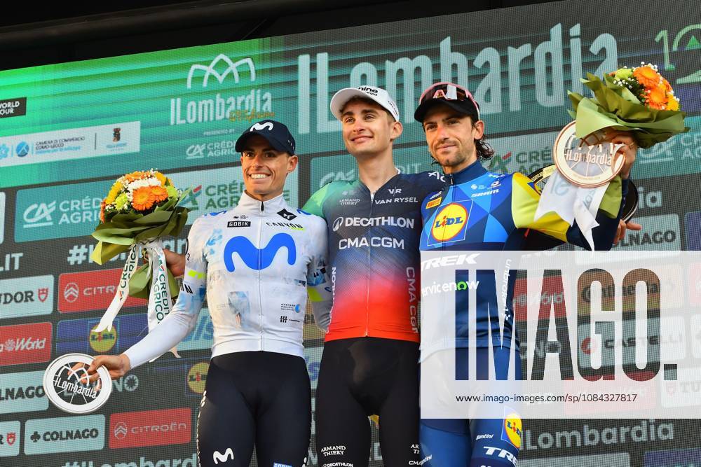 IPA89508944 - The podium: Enric Mas (ESP), Paul Seixas (FRA), and Giulio Ciccone (ITA) during Il Lombardia 2026, a Road cycling, Rad, Radsport, Strasse race in Bergamo, Italy, on October 10, 2026