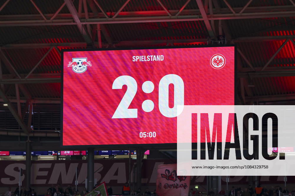 After five minutes, the scoreboard shows RB Leipzig leading 2–0 against Eintracht Frankfurt during the Bundesliga match between RB Leipzig and Eintracht Frankfurt, Red Bull Arena on October 10, 2026, in Leipzig, Germany. Photo by Marco Steinbrenner, DeFodi Images. After five minutes, the scoreboard shows RB Leipzig leading 2–0 against Eintracht Frankfurt during the Bundesliga match between RB Leipzig and Eintracht Frankfurt at Red Bull Arena on October 10, 2026 in Leipzig, Germany. Photo by Marco Steinbrenner, DeFodi Images. DFB and DFL regulations prohibit any use of photographs as image sequences and or quasi-video. Photo by Marco Steinbrenner, DeFodi Images.