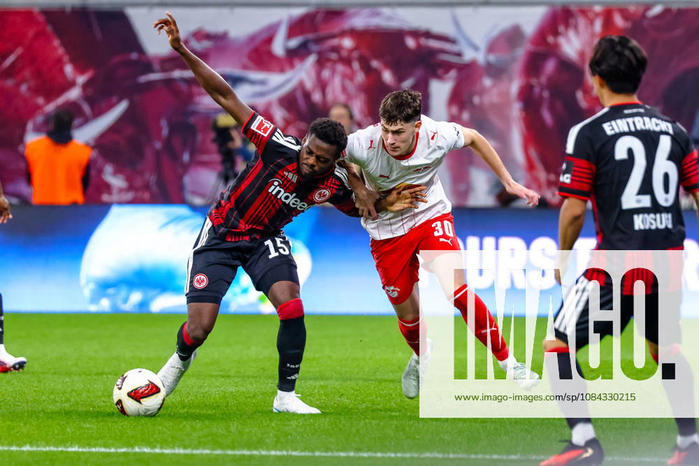 Noel Aseko, Eintracht Frankfurt, 15: Tackle, duel, battle; Andrija Maksimovic, RB Leipzig, 30: On the ball; GER, RB Leipzig vs. Eintracht Frankfurt, soccer, 1. Bundesliga Men, Matchday 5, 2026–2027 season, October 10, 2026 DFL regulations prohibit any use of photographs as image sequences and or quasi-video GER, RB Leipzig vs. Eintracht Frankfurt, soccer, 1st Bundesliga Men, Matchday 5, 2026–2027 season, October 10, 2026 Leipzig
