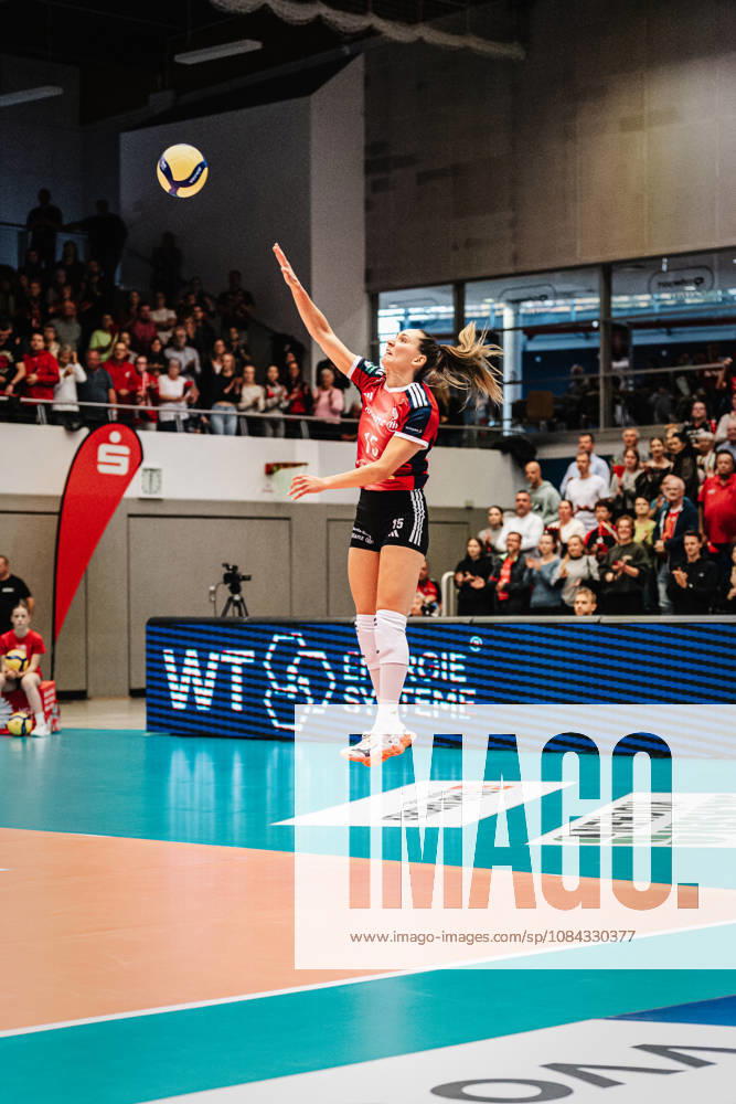 Pictured: Karolina Frižová s serve, 15, MTV Stuttgart 10, October 10, 2026, Dresdner SC Allianz MTV Stuttgart, DEKRA 1 Bundesliga Women, Volleyball, Germany, Dresden, Cyberport Arena