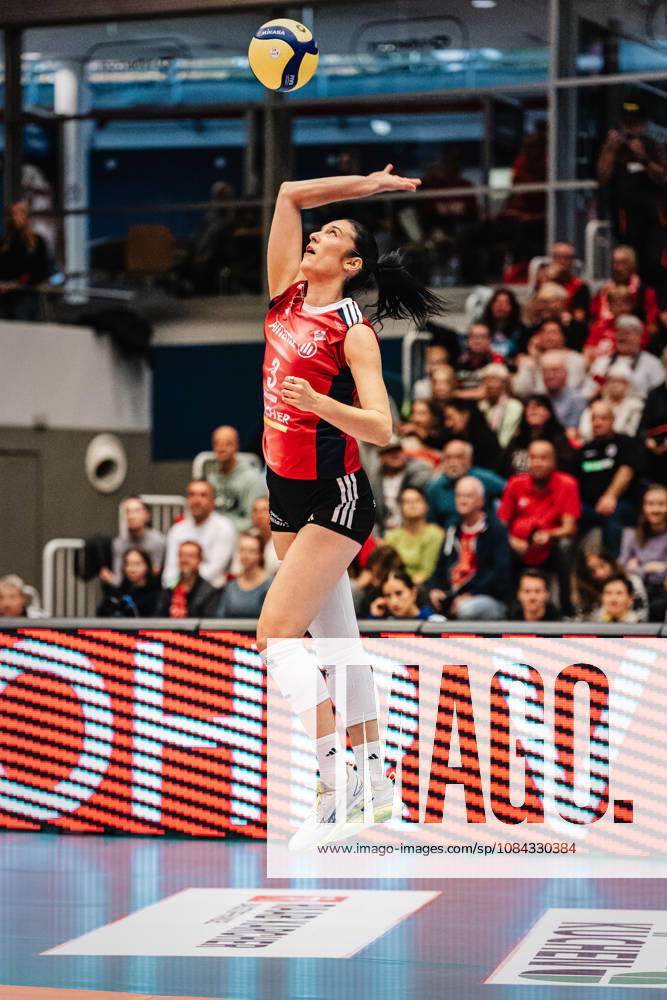 Pictured: Jasmine Gross serving, 3, MTV Stuttgart, October 10, 2026, Dresdner SC Allianz MTV Stuttgart, DEKRA 1st Bundesliga Women, Volleyball, Germany, Dresden, Cyberport Arena