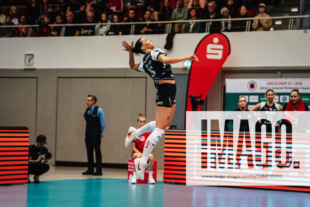 Pictured: Maia Dvoracek serves, 15, Dresdner SC 10, October 10, 2026; Dresdner SC vs. Allianz MTV Stuttgart; DEKRA 1 Bundesliga Women; Volleyball; Germany; Dresden; Cyberport Arena