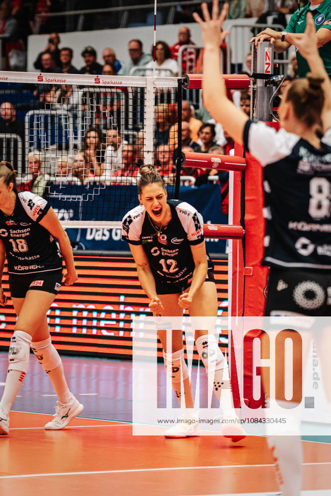 Pictured: Mette Pfeffer, 12, Dresdner SC, scores a point on October 10, 2026, against Dresdner SC Allianz MTV Stuttgart, DEKRA 1 Bundesliga Women, Volleyball, Germany, Dresden, Cyberport Arena