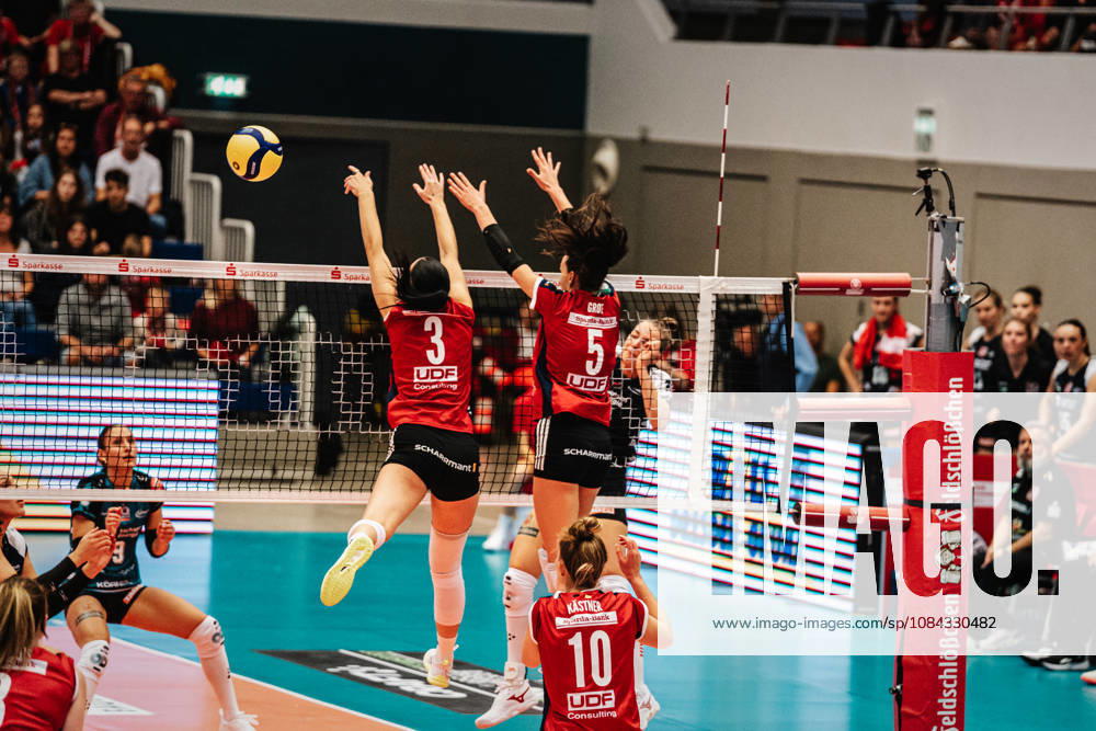 Photo: Block by Allianz MTV Stuttgart, October 10, 2026; Dresdner SC vs. Allianz MTV Stuttgart; DEKRA 1 Bundesliga Women; Volleyball; Germany; Dresden; Cyberport Arena