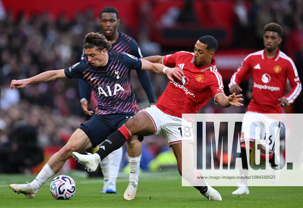 MANCHESTER, ENGLAND, OCT 10: Conor Gallagher of Tottenham Hotspur is tackled by Youri Tielemans of Manchester United, ManU during the Premier League match between Manchester United and Tottenham Hotspur at Old Trafford in Manchester, England (Will Palmer Sports Press Photo)